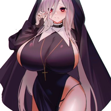 kurokuroooi, 1girls, amulet, arm under breasts, arms behind back, beauty mark, big breasts, blush, blushing, breasts, busty, cross, cross necklace, curvaceous, curves