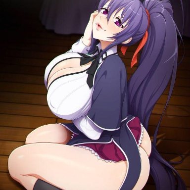 high school dxd, akeno himejim&#1072;, neocoill, 1girls, big breasts, blush, boob window, looking at viewer, nipple bulge, nipples visible through clothing, no panties, on knees, purple eyes, thick thighs