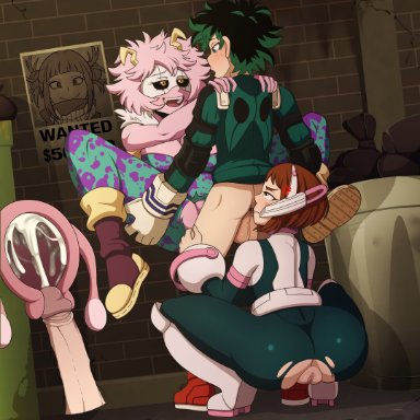 my hero academia, izuku midoriya, mina ashido, ochako uraraka, spiralart, 1boy, 2girls, anus, balls, black sclera, blush, brown eyes, brown hair, cum, cum in pussy