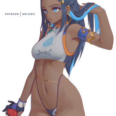 nintendo, pokemon, pokemon ss, gym leader, nessa (pokemon), melowh, 1girls, black hair, blue eyes, breasts, brown skin, dark-skinned female, dark skin, female, female only