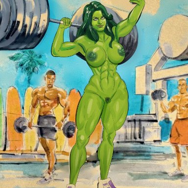 hulk (series), marvel, marvel comics, she-hulk, rocner, 1girls, abs, areolae, big breasts, breasts, completely nude, completely nude female, dumbbell, exhibitionism, exhibitionist