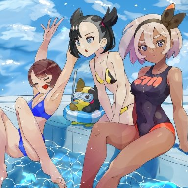 nintendo, pokemon, pokemon ss, bea (pokemon), gloria (pokemon), marnie (pokemon), morpeko, katwo, 3girls, bikini, black bikini, black hair, blue bikini, blue eyes, breasts