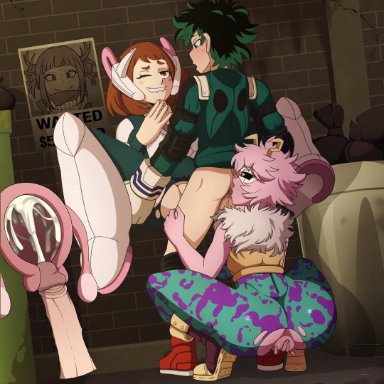 my hero academia, izuku midoriya, mina ashido, ochako uraraka, spiralart, 1boy, 2girls, anus, balls, black sclera, blush, brown eyes, brown hair, cervical penetration, cum