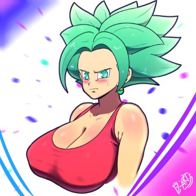 dragon ball, dragon ball super, kefla, d-art, armpits, blue eyes, cleavage, green hair, huge breasts, nipples visible through clothing, potara earrings, super saiyan, fusion, tagme