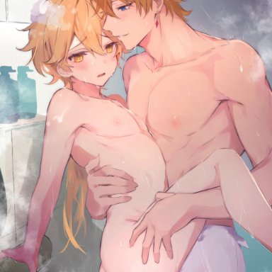 genshin impact, aether (genshin impact), tartaglia (genshin impact), 2boys, alternate hairstyle, anal, ass, bangs, blonde hair, blue eyes, blush, completely nude, earrings, femboy, gay