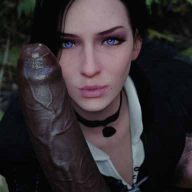 the witcher (series), yennefer, leeterr, 1boy, 1girls, big penis, black hair, blue eyes, clothed female nude male, dark-skinned male, erection, female, foreskin, gloves, human