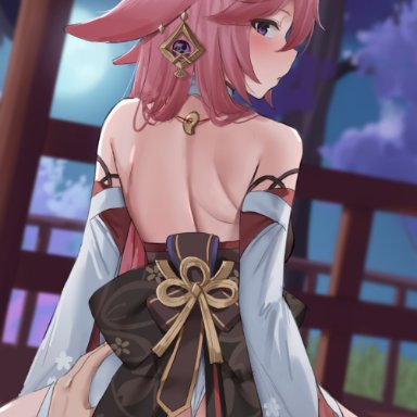 genshin impact, yae miko, shengtian, 1boy, animal ears, ass, ass grab, back, back bow, bare shoulders, black bow, bow, closed mouth, cowgirl position, detached sleeves