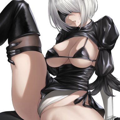 nier: automata, nier (series), yorha 2b, kuronerinka, 1girls, android, black blindfold, black hairband, blindfold, breasts, cameltoe, cleavage, female, female only, gloves