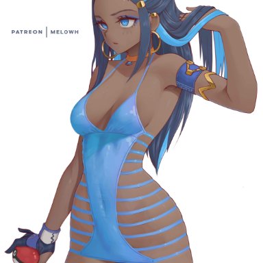 nintendo, pokemon, pokemon ss, gym leader, nessa (pokemon), melowh, 1girls, black hair, blue eyes, bodycon, breasts, brown skin, dark-skinned female, dark skin, dress