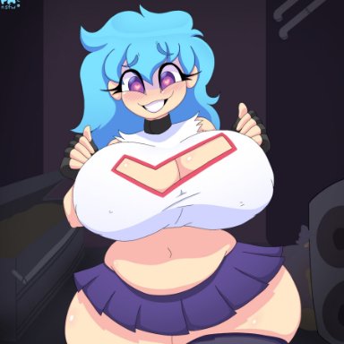 friday night funkin, sky (friday night funkin), skyblue, popa nsfw, ass, belly, big breasts, big butt, blue hair, blush, breasts, chubby female, clothed, clothing, curvy figure