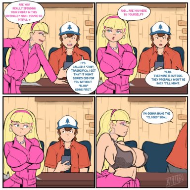 gravity falls, dipper pines, pacifica northwest, banjabu, big breasts, bra, flirting, just fuck already, overcoat, comic, english text