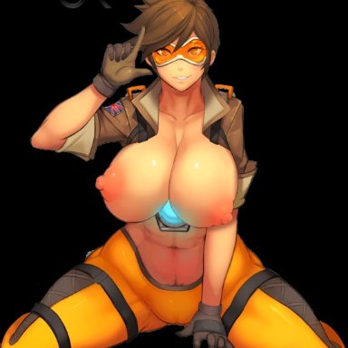 blizzard entertainment, overwatch, tracer, crimson renders, metal owl, 1girls, brunette, cameltoe, cleavage, curvy, erect nipples, female, huge areolae, huge ass, huge breasts