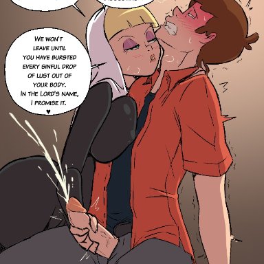 gravity falls, dipper pines, pacifica northwest, banjabu, 1boy, 1girls, clothed, cum, ejaculation, erection, handjob, nun, nun's habit, nun outfit, penis