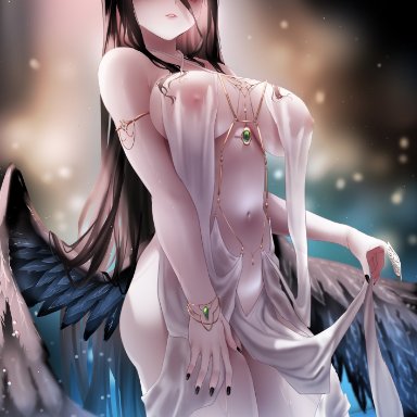 overlord (maruyama), albedo (overlord), armlet, black hair, black nails, black wings, bracelet, breasts, clothes lift, covered erect nipples, curled horns, demon, demon girl, demon horns, feathered wings