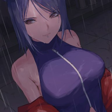 naruto, naruto (series), naruto shippuden, konan, 1girls, akatsuki (naruto), big breasts, blue hair, breasts, busty, cloak, clothing, double bun, dress, erect nipples