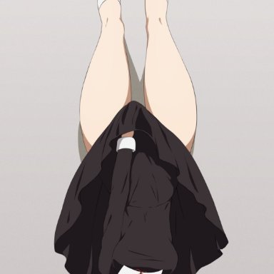 fujiwara chika, coro fae, 1girls, blue eyes, blush, covering, covering crotch, handstand, hips, purple hair, ribbon, school uniform, shoes, socks, thick thighs