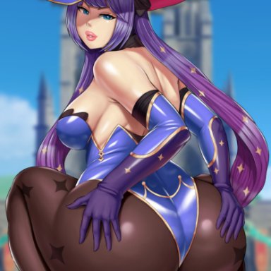 genshin impact, mona (genshin impact), abyssdagon, bodysuit, hat, large ass, large breasts, looking back, squatting