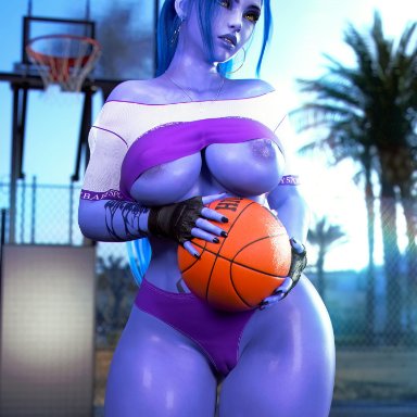 overwatch, widowmaker, milapone, 1girls, barely clothed, basketball, blue hair, breasts, cameltoe, earrings, female, female only, fingerless gloves, large breasts, nipples