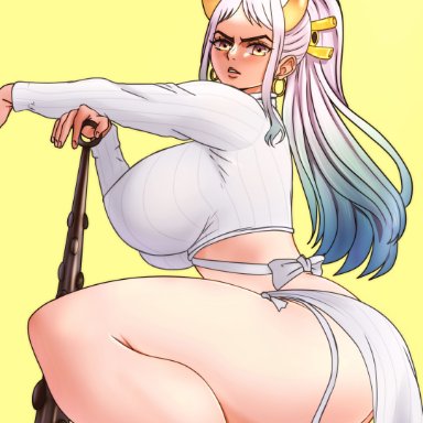 one piece, yamato (one piece), musaed art, 1girls, ass, big ass, big breasts, big butt, breasts, club (weapon), eye contact, female, female focus, female only, horns