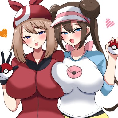 game freak, nintendo, pokemon, pokemon (game), pokemon bw2, pokemon rse, may (pokemon), rosa (pokemon), manana (matoi1111), 2girls, bandana, big breasts, blue eyes, blush, breast to breast