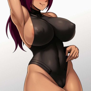 bleach, shihouin yoruichi, jmg jellybean, big breasts, cameltoe, dark-skinned female, dark hair, licking lips, looking at viewer, nipple bulge, thigh bulge, yellow eyes