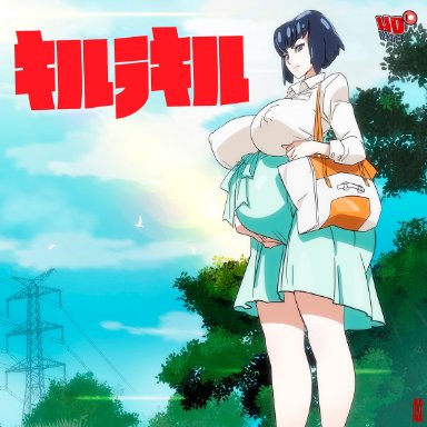 kill la kill, kiryuuin satsuki, kamina1978, big breasts, black hair, blouse, blue eyes, bob cut, expressionless, female, female only, fully clothed, holding belly, huge breasts, nipple bulge