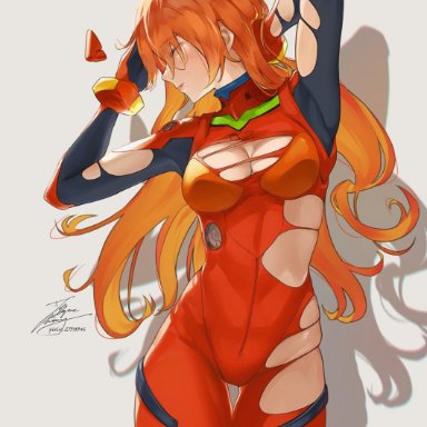 neon genesis evangelion, asuka langley sohryu, fadingzz, 1girls, arm up, big breasts, bodysuit, boob window, breasts, busty, clothing, eyes closed, female, female only, german