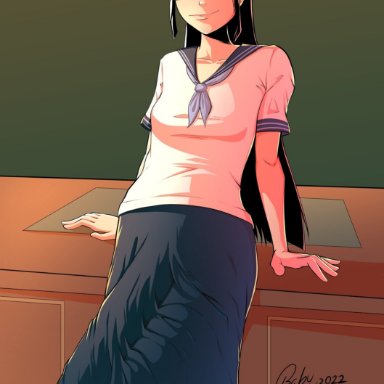 bakuhaku, 1futa, bangs, black hair, bulge, clothed, clothing, erection, erection under clothes, erection under skirt, fully clothed, futa only, futanari, glasses, human