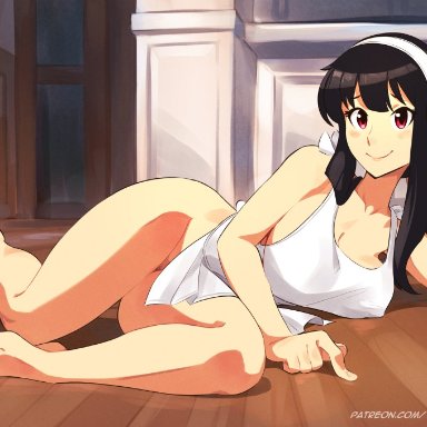 spy x family, yor briar, squeezable, 1girls, apron, black hair, eye contact, female, female focus, hairband, long hair, looking at viewer, red eyes, smile, solo