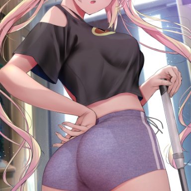 original, original character, gentuki0999, 1girls, ass, blind, booty shorts, breasts, bubble butt, female, female only, hand on ass, hand on hip, hips, indoors