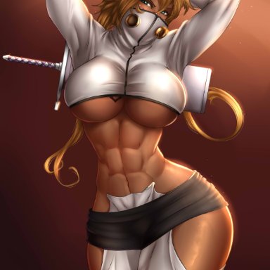 bleach, tia harribel, tessreidex, abs, blonde female, blonde hair, breasts, covered mouth, dark-skinned female, dark skin, female, female focus, green eyes, impossible clothes, katana