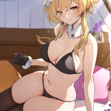 genshin impact, lumine (genshin impact), simao (x x36131422), 1girls, bed, bikini, black bikini, blonde hair, breasts, curvaceous, curvy, female, female only, gloves, looking at viewer