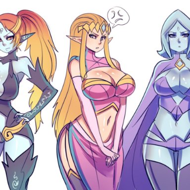 hyrule warriors, nintendo, skyward sword, the legend of zelda, twilight princess, fi, midna, princess zelda, twili, twili midna, zelda (twilight princess), maniacpaint, 3girls, alternate breast size, armless