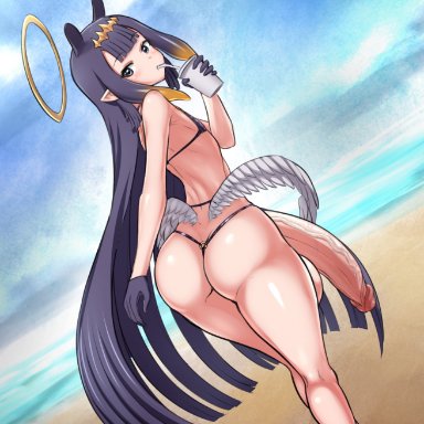 hololive, hololive english, ninomae ina'nis, jadf, 1futa, ass, back, back view, beach, big ass, bikini, black bikini, breasts, bubble butt, drink