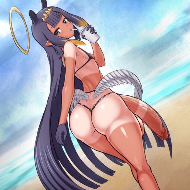 hololive, hololive english, ninomae ina'nis, jadf, 1futa, ass, back, back view, beach, big ass, bikini, black bikini, breasts, bubble butt, drink