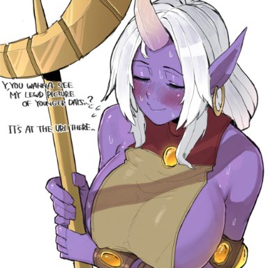 league of legends, riot games, soraka, ohasi, areola slip, armband, bare shoulders, blush, bracelet, breasts, closed eyes, closed mouth, colored skin, covered nipples, crescent