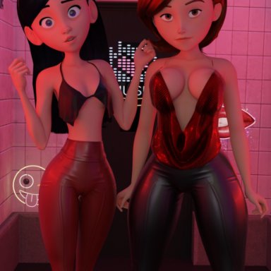 disney, elastigirl, helen parr, violet parr, pin3d, aged up, ass, big breasts, breasts, club, milf, mother and daughter, plunging neckline, spandex, 3d