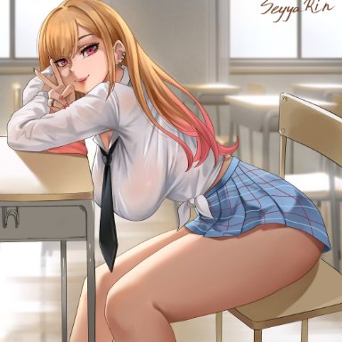 sono bisque doll wa koi wo suru, kitagawa marin, seyyarin, 1girls, big breasts, blonde hair, breasts, eye contact, female focus, female only, long hair, looking at viewer, peace sign, pink eyes, school uniform