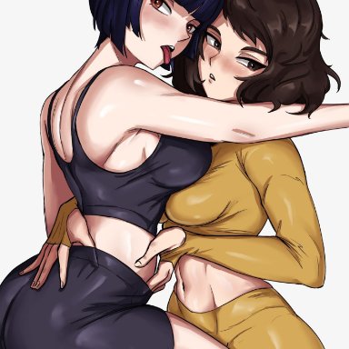 atlus, persona, persona 5, sadayo kawakami, tae takemi, shadertoons, 2girls, ass, black hair, breasts, brown eyes, brown hair, bubble butt, female, female only