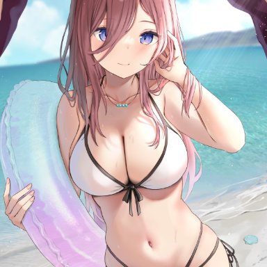 go-toubun no hanayome, nakano miku, akino ell, 1girls, bare arms, bare shoulders, beach, bikini, blue eyes, breasts, brown hair, cleavage, closed mouth, collarbone, day