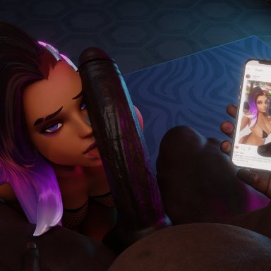 overwatch, sombra, eskandart, 1boy, 1girls, big penis, dark-skinned female, dark-skinned male, dark skin, female, latina, male, penis on face, phone, 3d