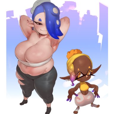 splatoon, splatoon 3, frye (splatoon), inkling, octoling, shiver (splatoon), forastero, 2girls, breasts, cleavage, female, huge breasts, obese