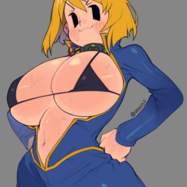 fallout, vault girl, waa153, 1girls, big breasts, bikini top, blonde hair, bodysuit, breasts, cleavage, clothed, clothing, collar, explosive collar, female