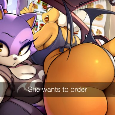 sega, sonic (series), blaze the cat, rouge the bat, krokobyaka, 2girls, anthro, ass, ass focus, bat wings, big ass, big breasts, breasts, cat ears, female