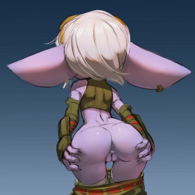 league of legends, tristana, yordle, gekasso, 1girls, anus, ass, bent over, bottomless, earrings, partially clothed, pointy ears, solo, spread ass, standing