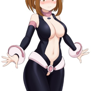 my hero academia, ochako uraraka, haeil2, 1girls, bare shoulders, big breasts, blush, blush stickers, bodysuit, breasts, brown eyes, brown hair, busty, center opening, cleavage