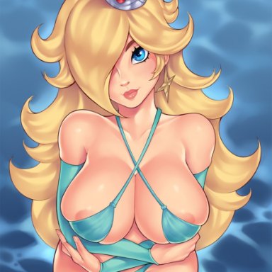 mario (series), nintendo, princess rosalina, ange1witch, 1girls, arm warmers, big breasts, bikini, blue eyes, bra, breasts, crown, earrings, female, female only