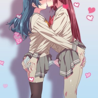 love live!, love live! sunshine!!, sakurauchi riko, tsushima yoshiko, ecoman, 2futas, blue hair, blue panties, closed eyes, clothed, clothing, duo, erection under clothes, french kiss, frottage