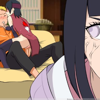 boruto: naruto next generations, naruto, naruto (series), whentai, hyuuga hinata, sarada uchiha, uzumaki naruto, a1ibaba, 1boy, 2girls, adult and teenager, age difference, alternate hair color, angry, being watched