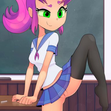 dc, teen titans go, starfire, ohiekhe, anus, female, green eyes, no panties, orange skin, pink hair, pussy, upskirt